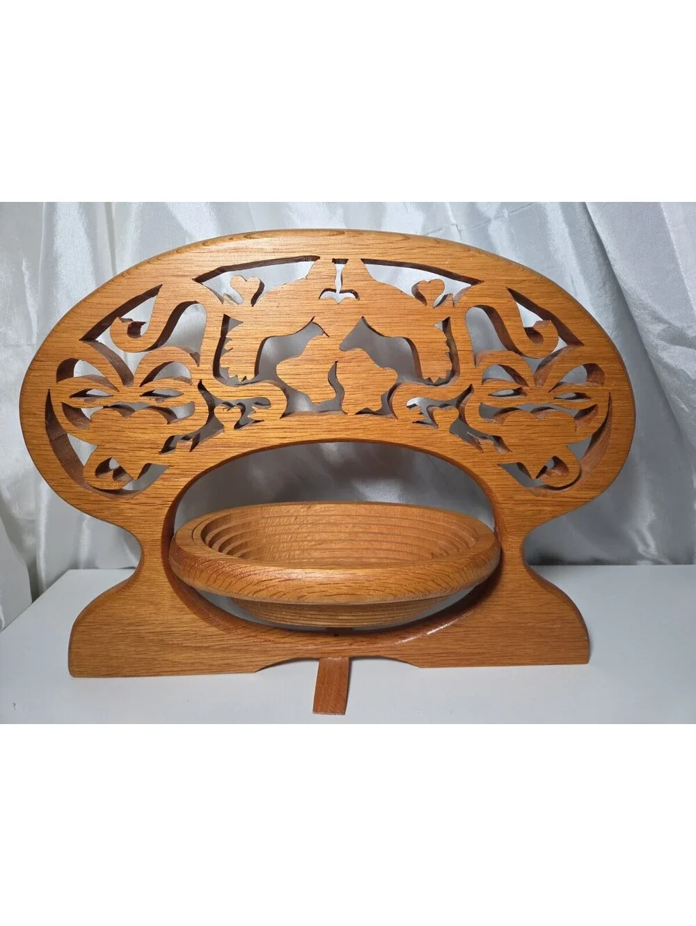 Vintage Scroll Saw Wooden Dove Heart Bell Collapsible Spiral Bowl/Trivet